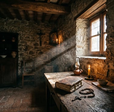 Ancient stone room with rosary, prayer book, candle and window light — Pietrelcina Italy