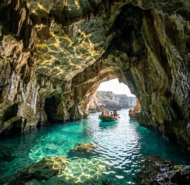 Small boat inside a limestone sea cave with turquoise water, Puglia coast