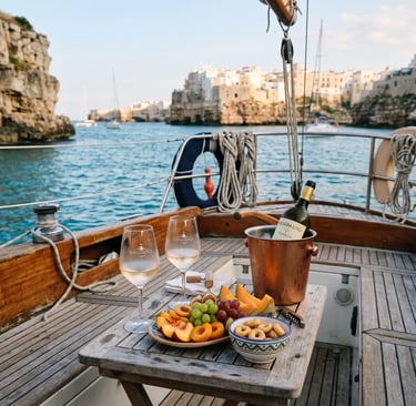 White wine, fresh fruit and taralli on wooden boat deck with Polignano cliffs behind