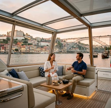Couple enjoying wine inside yacht bimini enclosure with Dom Luís I Bridge in Porto