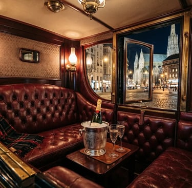 Luxury carriage interior with champagne and Stephansdom view at night