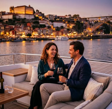 Elegant couple enjoying red wine on luxury yacht deck with Porto skyline at sunset