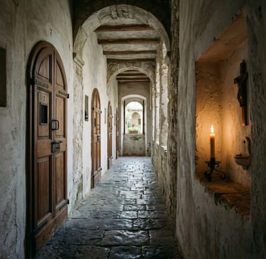 Stone corridor of a Capuchin friary with arched wooden doors and a lit candle on the wall