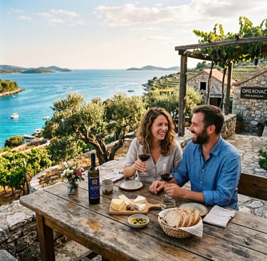 Couple enjoying wine and local cheese at rustic family winery overlooking Adriatic sea Croatia