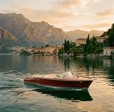 Elegant couple aboard a vintage mahogany boat approaching a grand clifftop villa on Lake Como