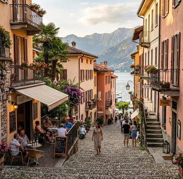 Red Swiss express train curving above turquoise alpine lake near Interlaken with snowy peaks