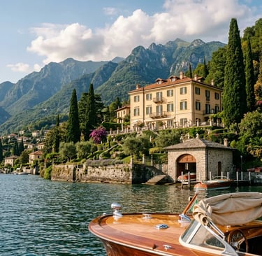 Villa Oleandra in Laglio seen from a private mahogany boat on Lake Como