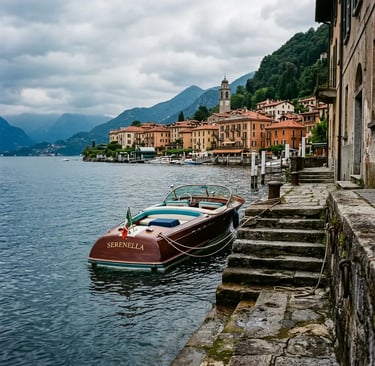 Aerial view of a private wooden boat departing a lakeside villa dock on Lake Como at dawn