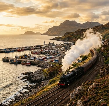 Jacobite Steam Train approaching Mallaig harbour with fishing boats and mountains at sunset