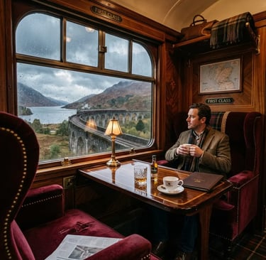 First class Jacobite compartment with whisky and tea, Glenfinnan Viaduct visible through window