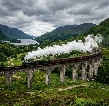 Jacobite Steam Train Crossing the Glenfinnan Viaduct With Steam and Highland Loch