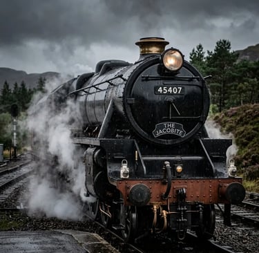 Close-up of Jacobite Steam Train locomotive 45407 with steam and rain on moody Highland day