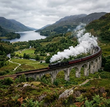  Jacobite steam train crossing Glenfinnan Viaduct with loch and Highland mountains in background