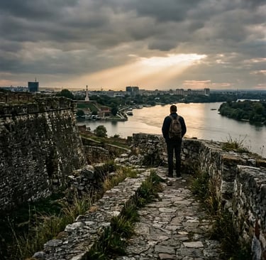Solo traveler standing on Kalemegdan Fortress walls overlooking Sava and Danube river confluence