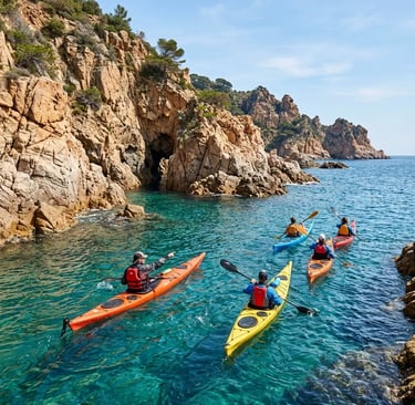  Certified Sea Kayak instructor leading a group into Costa Brava sea caves near Tossa de Mar