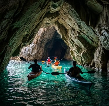 Kayakers paddling through limestone sea cave in turquoise Costa Brava waters