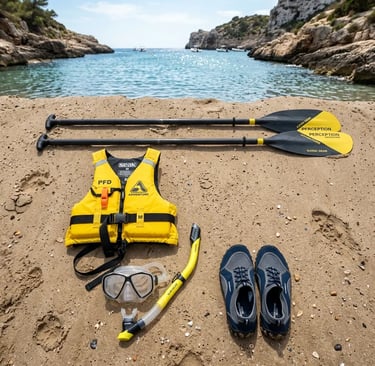 Kayak paddles, life jacket, snorkel mask, and water shoes on a Costa Brava beach