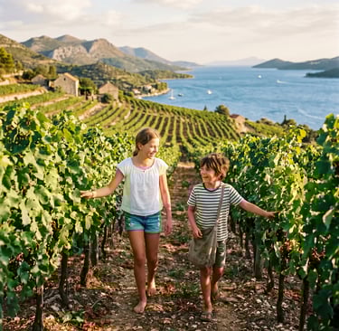Two kids walking through sunlit Pelješac vineyard with Adriatic Sea views, family wine tour Croatia