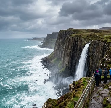 Kilt Rock columnar basalt cliffs with Mealt Falls plunging into the sea Isle of Skye