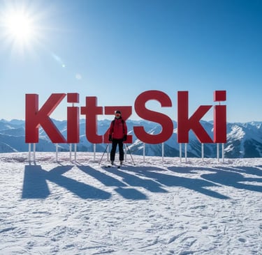 A person standing in front of a large red KitzSki sign on a snowy mountain summit under a clear blue