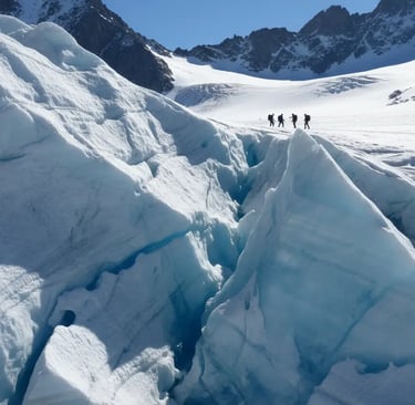 Mountaineers trekking across deep blue crevasses on a massive alpine glacier under a clear sky.