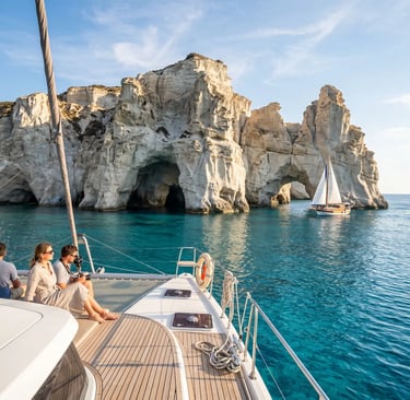 Travelers on catamaran deck viewing white Kleftiko cliffs and turquoise sea near Milos, Greece.