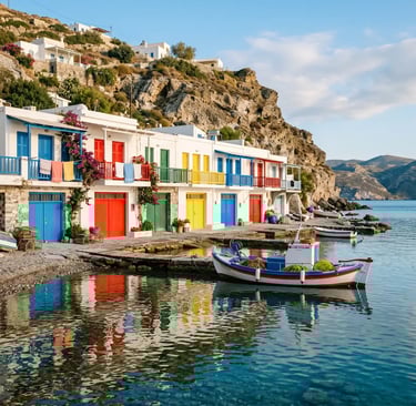 Colorful syrmata fishermen houses in Klima village Milos Greece with traditional fishing boat