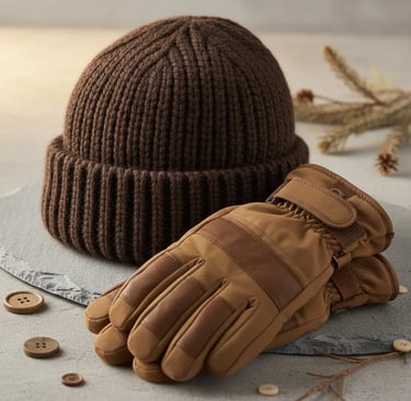 Dark chocolate brown knit beanie and camel leather ski gloves winter accessories flat lay.