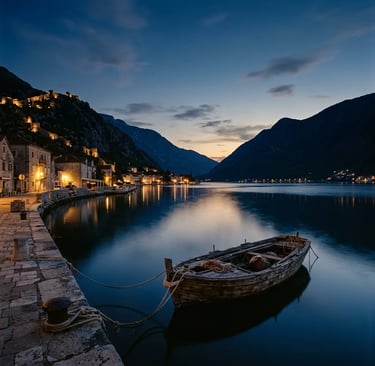 Weathered wooden boat moored in Bay of Kotor at dusk with mountain silhouettes and village lights