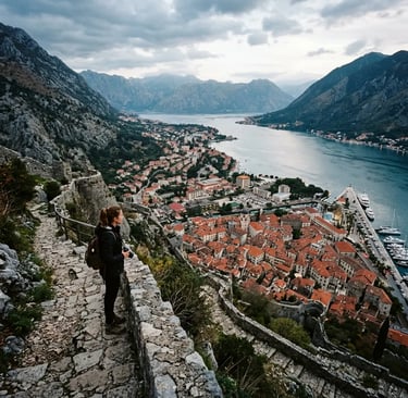 Traveler on Kotor fortress trail overlooking Old Town rooftops and the bay