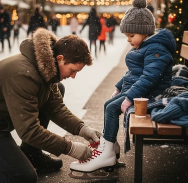 A father kneeling down to help his young daughter tie her white ice skates while she sits on a woode