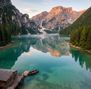 Wooden boat on turquoise Lake Braies reflecting Dolomite peaks at sunrise