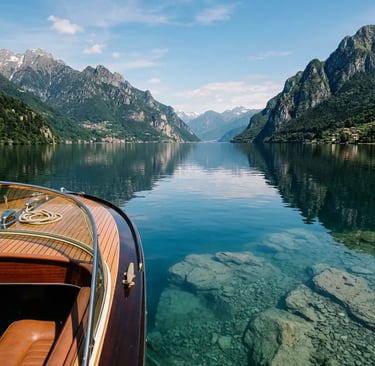 Classic mahogany boat on crystal-clear Lake Como water with Alpine peaks rising
