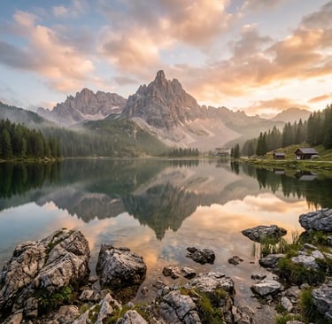 Lake Misurina sunrise with dramatic mountain reflection and alpine mist