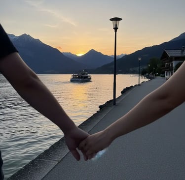 Close-up of a couple holding hands while walking along a lakeside promenade during a golden sunset w