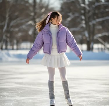 Aesthetic purple puffer jacket and white skirt outfit for figure skating practice.