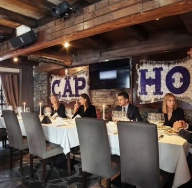Luxury fine dining interior at Le Cap Horn restaurant in Courchevel.
