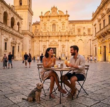 Romantic couple eating gelato with small dog in Lecce Baroque square at golden hour, Puglia