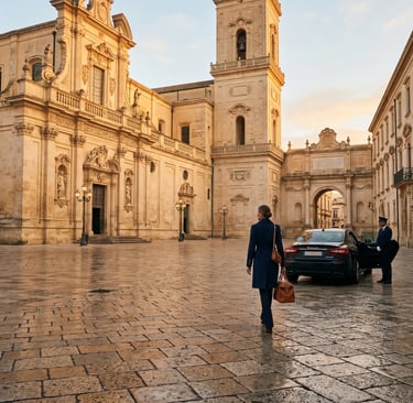 Woman walking toward private car at dawn in Lecce Piazza Duomo starting Valle d'Itria day trip