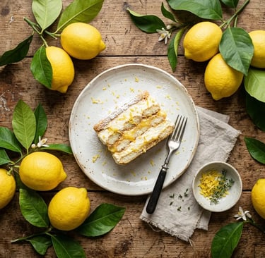 Lemon tiramisù on ceramic plate surrounded by fresh Amalfi lemons on rustic farmhouse table