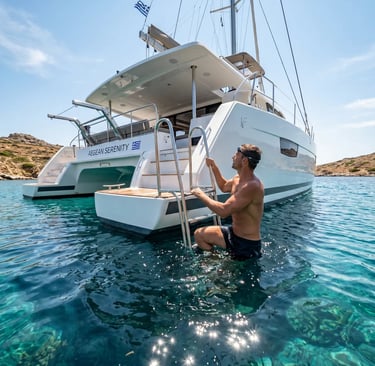 Swimmer climbing the ladder of a luxury catamaran in clear Aegean water near Milos