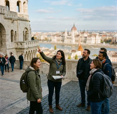 Tour guide pointing at Budapest Parliament from Fisherman's Bastion with small group