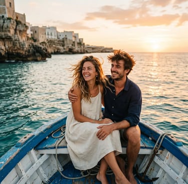 Happy couple sitting on blue wooden boat at golden sunset with Puglia coastline behind them
