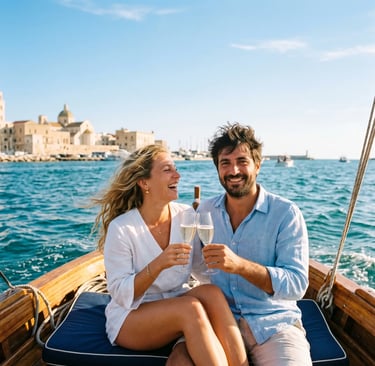 Smiling couple clinking Prosecco glasses on wooden boat with Bari old town in background