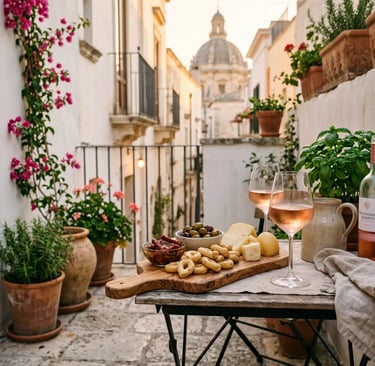 Aperitivo spread with Negroamaro rosé, taralli and cheese on terrace in historic Lecce