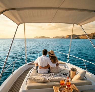 Aerial view of luxury boat anchored in crystal-clear turquoise water near Poliegos island Milos