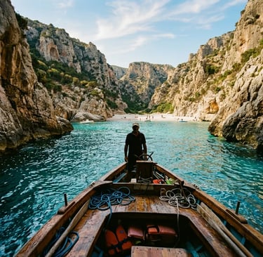 Sardinian skipper guiding dinghy through narrow cliff passage toward hidden beach, Cala Zafferano