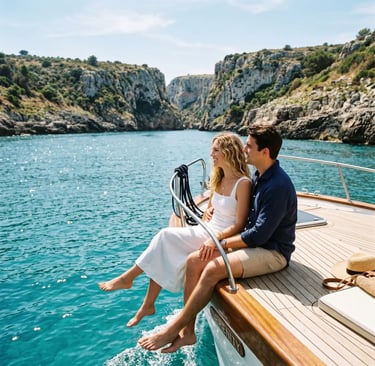 Couple sitting on stern of private charter boat overlooking turquoise Adriatic cove in Salento
