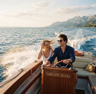 Smiling couple at the helm of a wooden speedboat cruising the Adriatic coast in Croatia.
