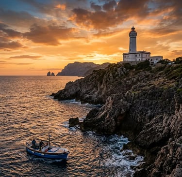Punta Carena Lighthouse on Capri at sunset with a small boat passing the rocky cape